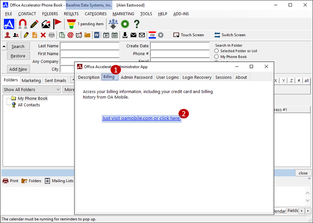 Office Accelerator Administrator App - Billing Tab Admin App