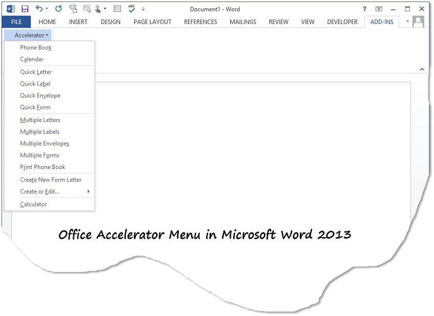 Accelerator Menu in Microsoft Word 2013