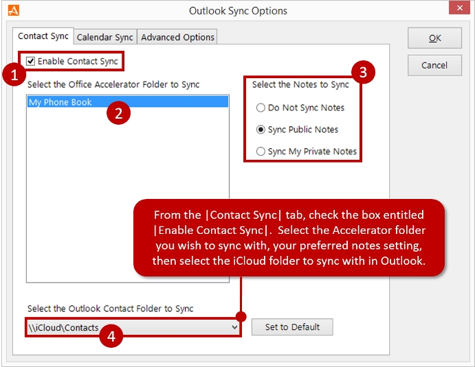 Select Outlook iCloud Contact Folder
