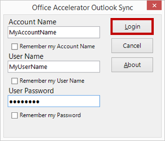 Office Accelerator Outlook Sync Login Screen