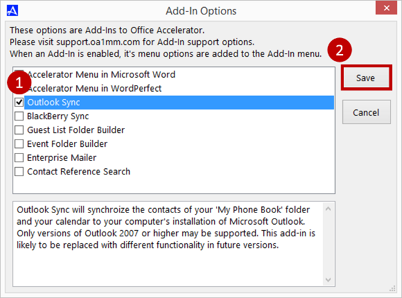 Enable Office Accelerator Outlook Sync