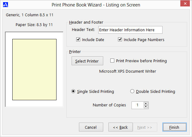 Office Accelerator Print Wizard Listing on Screen Dialog Box (Header and Footer, Printer Selection)