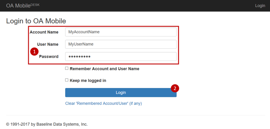 OA Mobile Enter Credentials Page