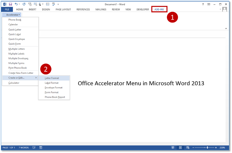 Office Accelerator Menu in Word 2013