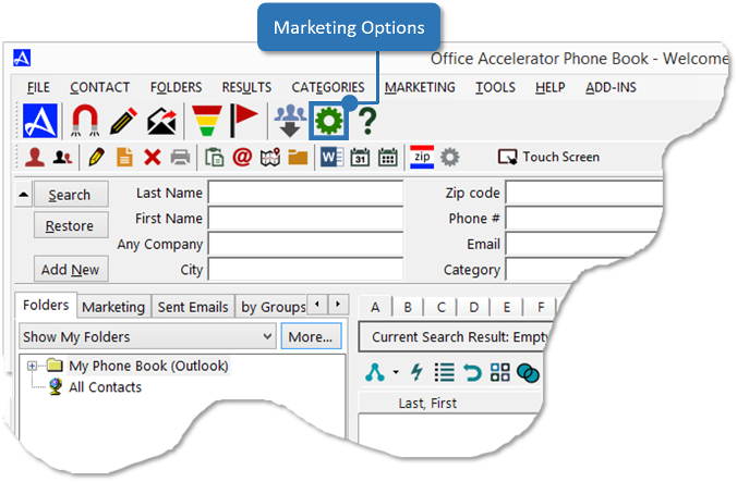Accelerator Marketing Options Tool Bar Button