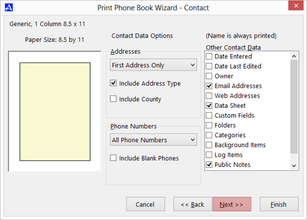 Office Accelerator Print Wizard Dialog Box (Contact Field Selections)