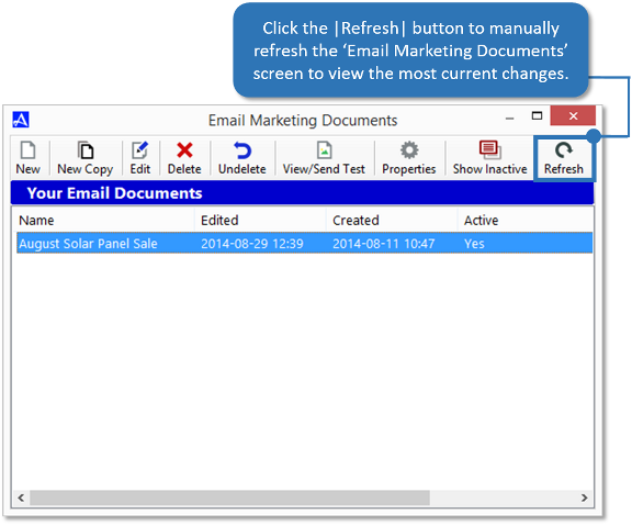 Refresh 'Email Marketing Documents' screen