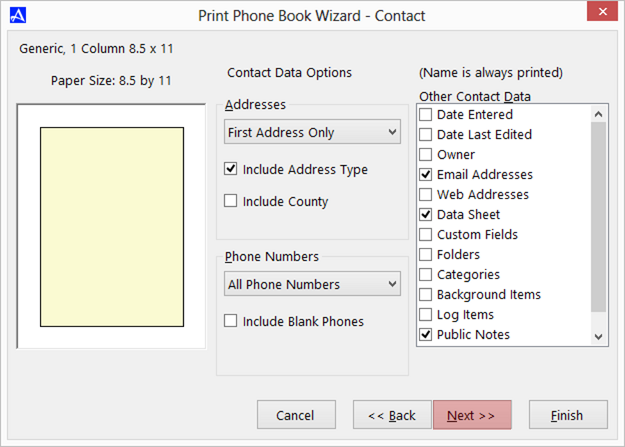 Office Accelerator Print Wizard dialog Box (Contact Field Selections)