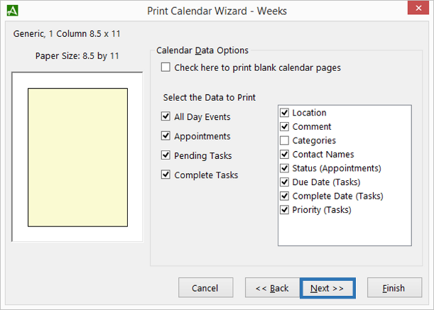 Print Calendar Wizard - Data Selection