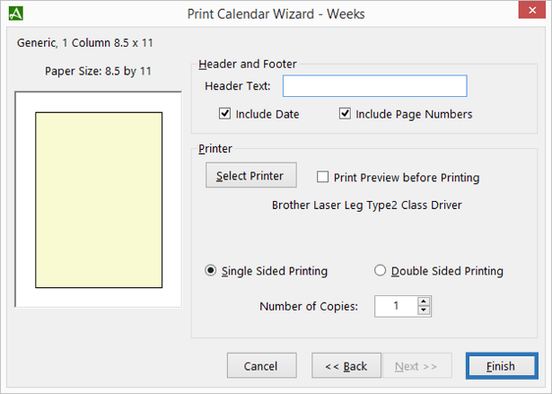 Print Calendar Wizard - Select Formatting Options